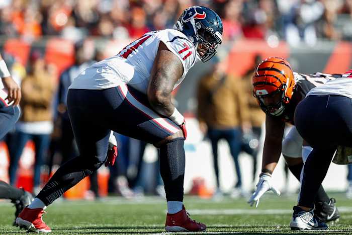 Texans offensive tackle Tytus Howard prepares for the snap against the Cincinnati Bengals in the first half at Paycor Stadium.